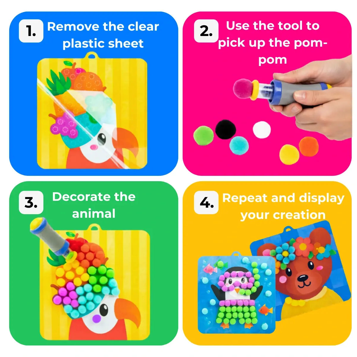 Pom Pom Kit – Create Magical 3D Animals with Fluffy Pom Poms, No Mess! (5+ years)