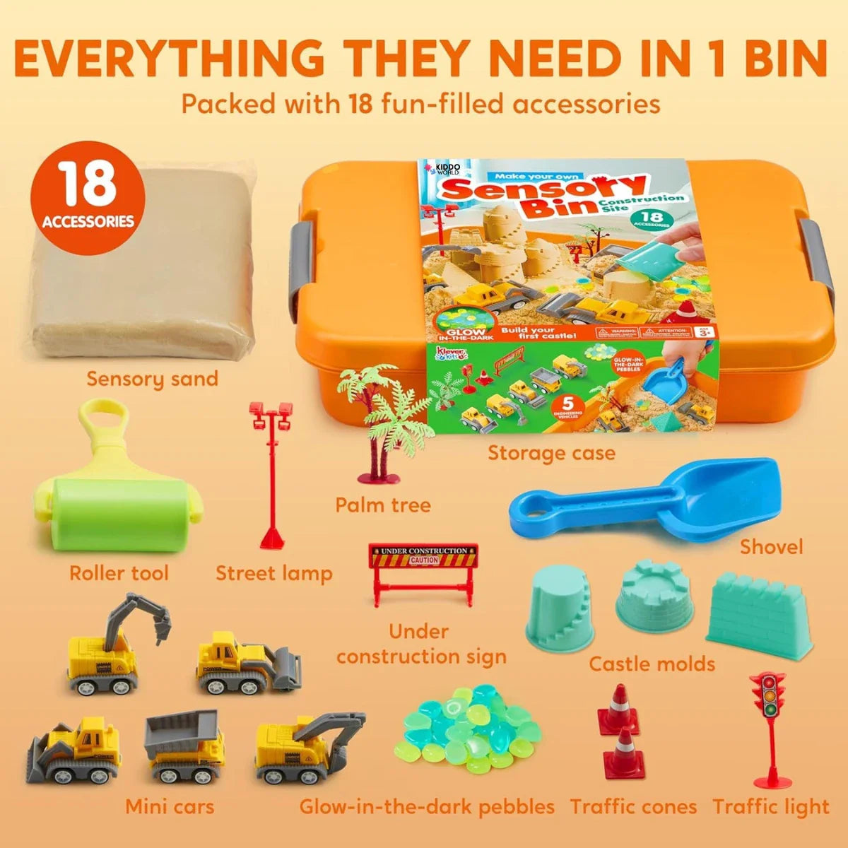 Sensory Box: Construction Site – Glow-in-the-Dark Stones, Kinetic Sand & Construction Vehicles (3+ years)