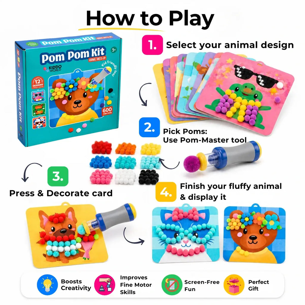 Pom Pom Kit – Create Magical 3D Animals with Fluffy Pom Poms, No Mess! (5+ years)