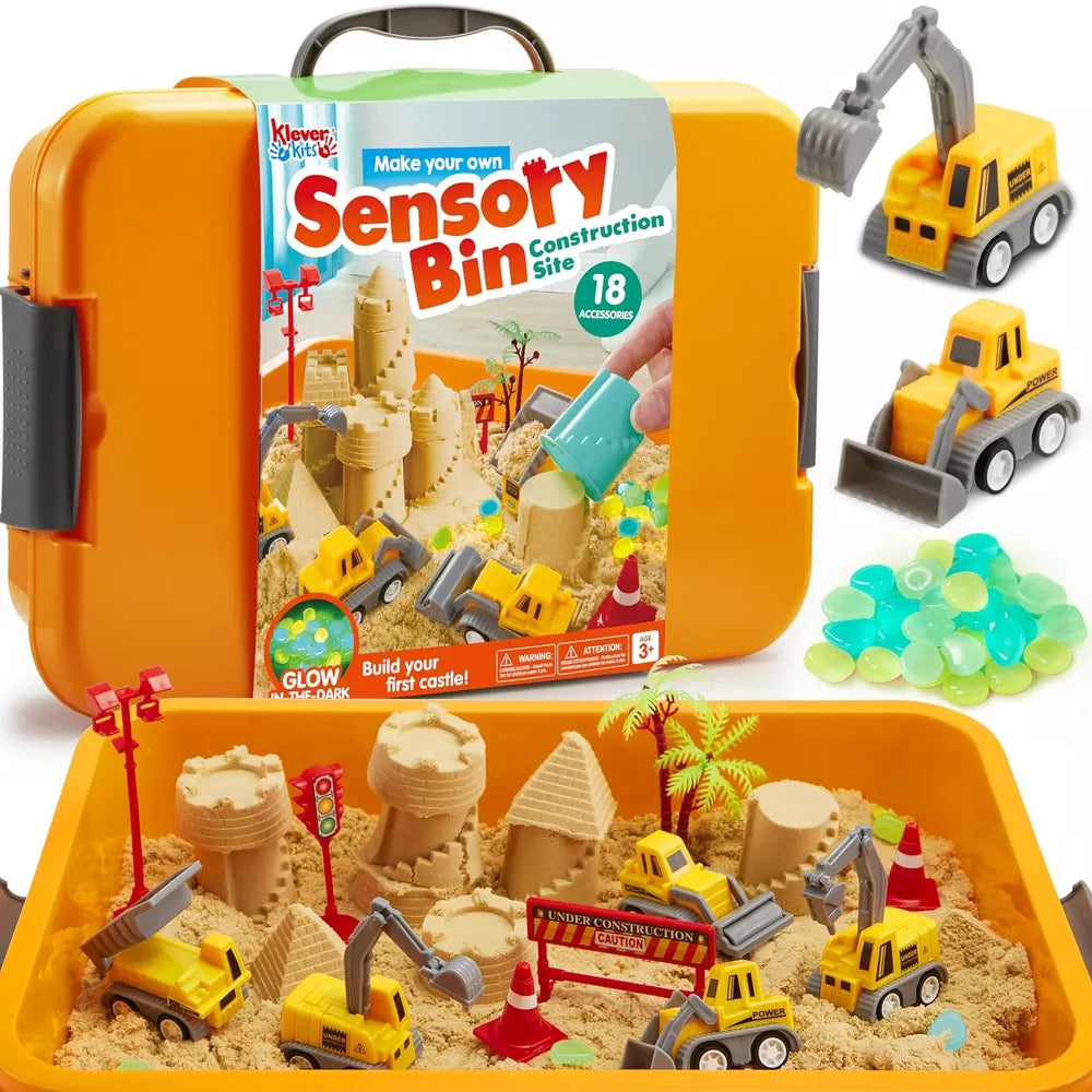 Sensory Box: Construction Site – Glow-in-the-Dark Stones, Kinetic Sand & Construction Vehicles (3+ years)