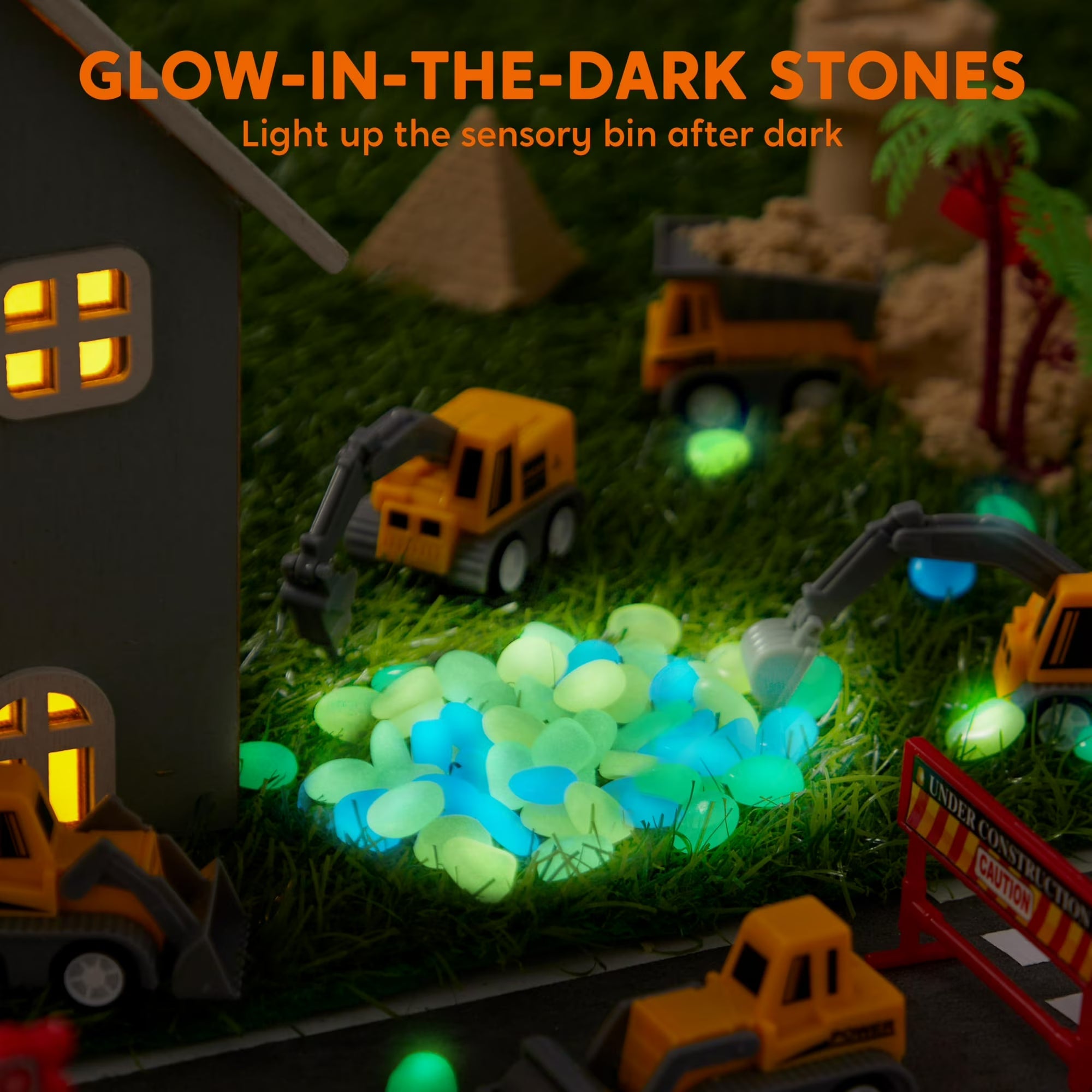 Sensory Box: Construction Site – Glow-in-the-Dark Stones, Kinetic Sand & Construction Vehicles (3+ years)